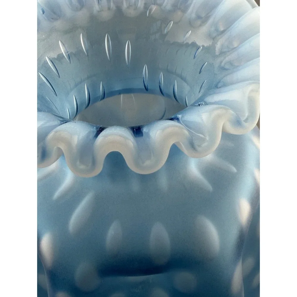 Vintage Fenton Vase Satin Blue Opalescent Optic Dot Pinch Crimped Rim 8
